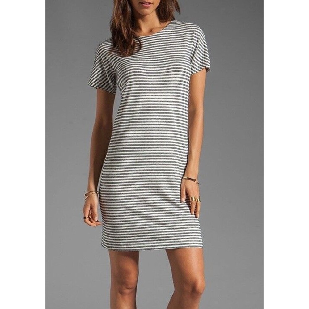 Theory Womens Sz L Perfect T-Shirt Dress in Striped Navy/White Linen Blend Knit
